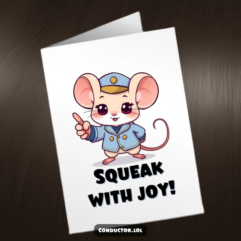 Funny Free Printable Birthday Card: A determined mouse in a tiny uniform points excitedly to a musical crescendo, ready for celebration.