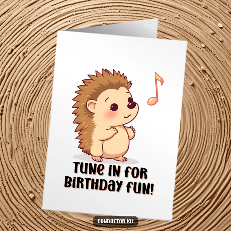 Funny Free Printable Birthday Card: Curious cartoon hedgehog intently listening to a musical cue, a humorous downloadable greeting.