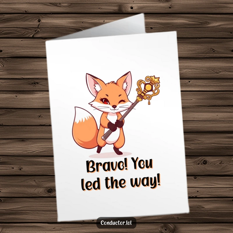 Funny Free Printable Congratulations Card: A mischievous fox expertly swings a grand baton, celebrating your fantastic achievement.