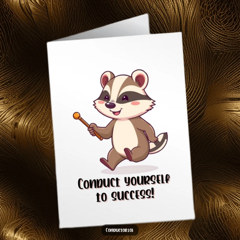 Funny Free Printable Congratulations Card: An energetic, smiling badger conducter tapping its foot, celebrating a big achievement.