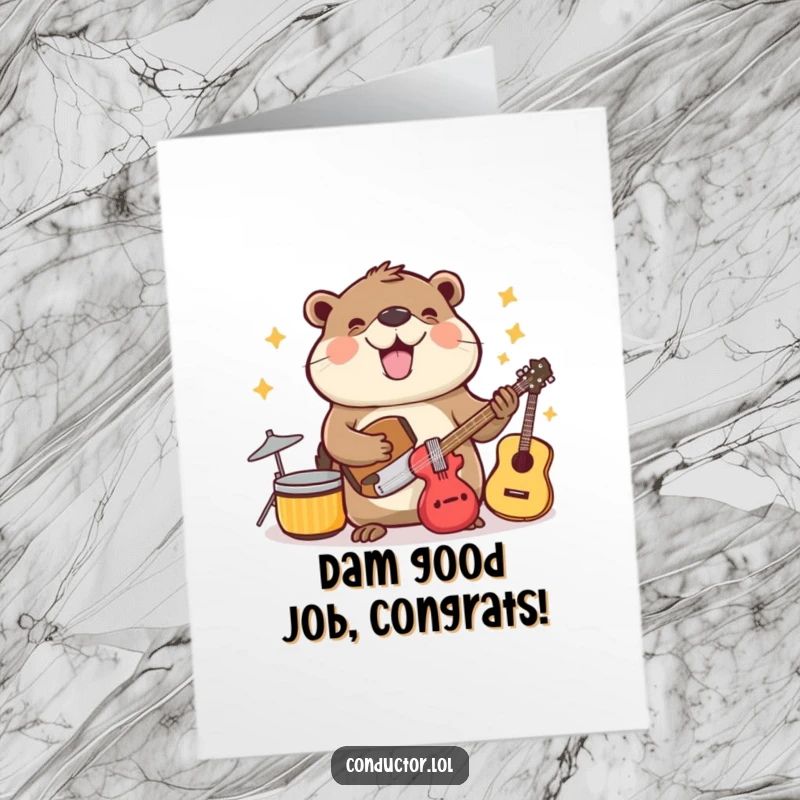 Funny Free Printable Congrats Card: A beaming beaver meticulously arranging musical instruments with cheerful, organized enthusiasm for a grand event.