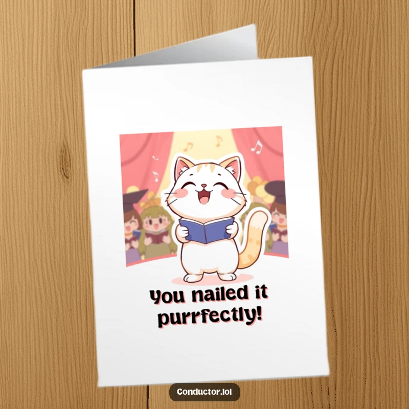 Funny Free Printable Congratulations Card: Energetic cat conductor leading a choir, celebrating success with glee.