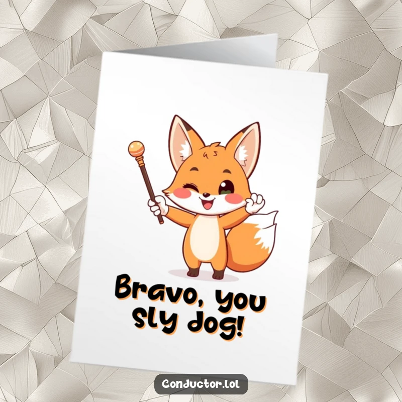 Funny Free Printable Congratulations Card: A happy fox in white gloves dramatically waving a baton with flair.