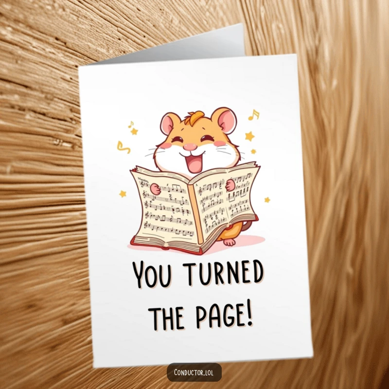 Funny Free Printable Congrats Card: A giggling hamster energetically turns the pages of an oversized score, symbolizing mastering the details.