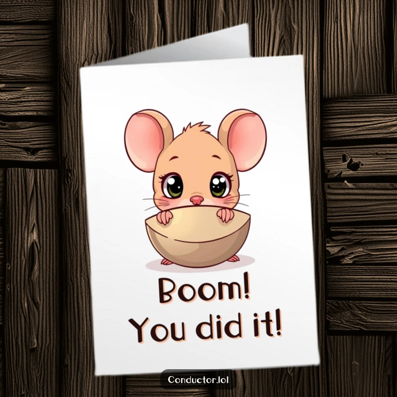 Funny Free Printable Congratulations Card: Startled cartoon mouse peeking behind a cymbal, eyes wide with surprise at a momentous event.