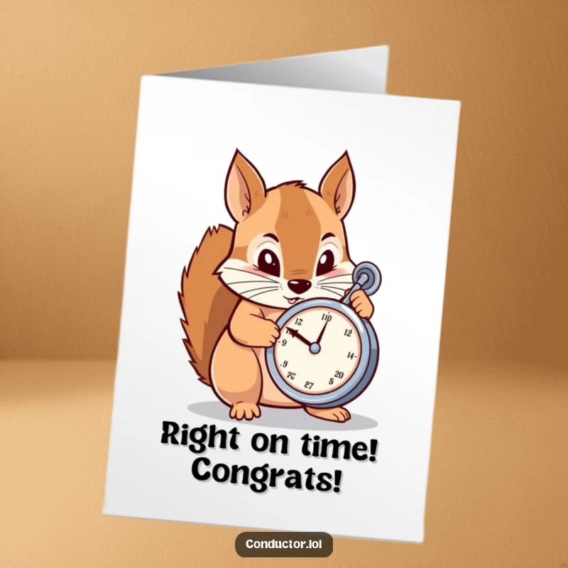 Funny Free Printable Congrats Card: Determined cartoon squirrel focused on a metronome, a precise downloadable congratulation.