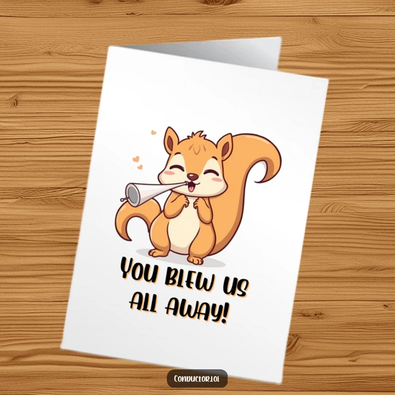 Free Printable congratulations card showing a squirrel blowing an invisible whistle triumphantly for a victory.