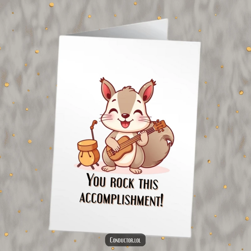 Funny Free Printable Congratulations Card: A playful squirrel directs a charming band of tiny instruments in celebration.