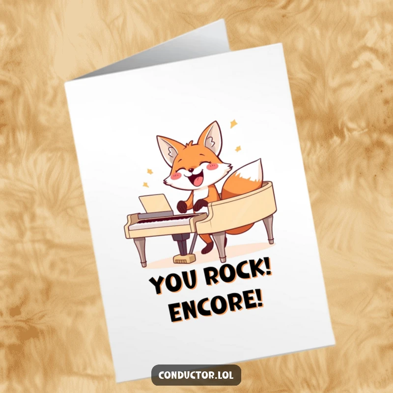 Funny Free Printable Congrats Card: A joyful fox with a wide grin striking a powerful chord on a grand piano.