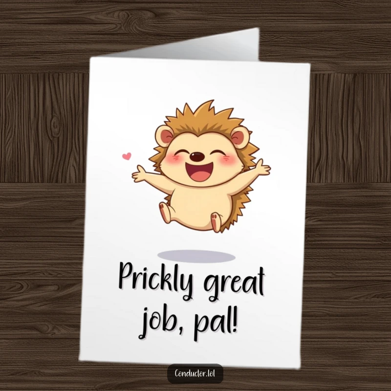 Funny Free Printable Hedgehog Congratulations Card: A giggling hedgehog leaps with joy while directing, celebrating your wonderful achievement.