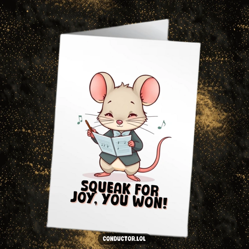 Funny Free Printable Congrats Card: Curious mouse conductor peering at score, celebrating success with humor.