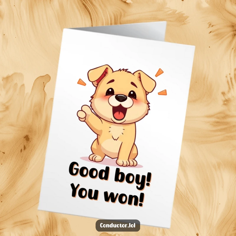Funny Free Printable Puppy Congratulations Card: A determined puppy barks out energetic commands, celebrating your great success.