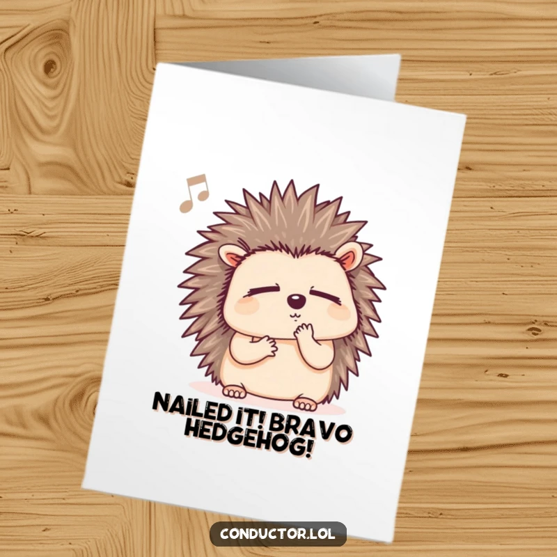 Funny Free Printable Congrats Card: Determined hedgehog intently listening to music, conveying thoughtful celebration.