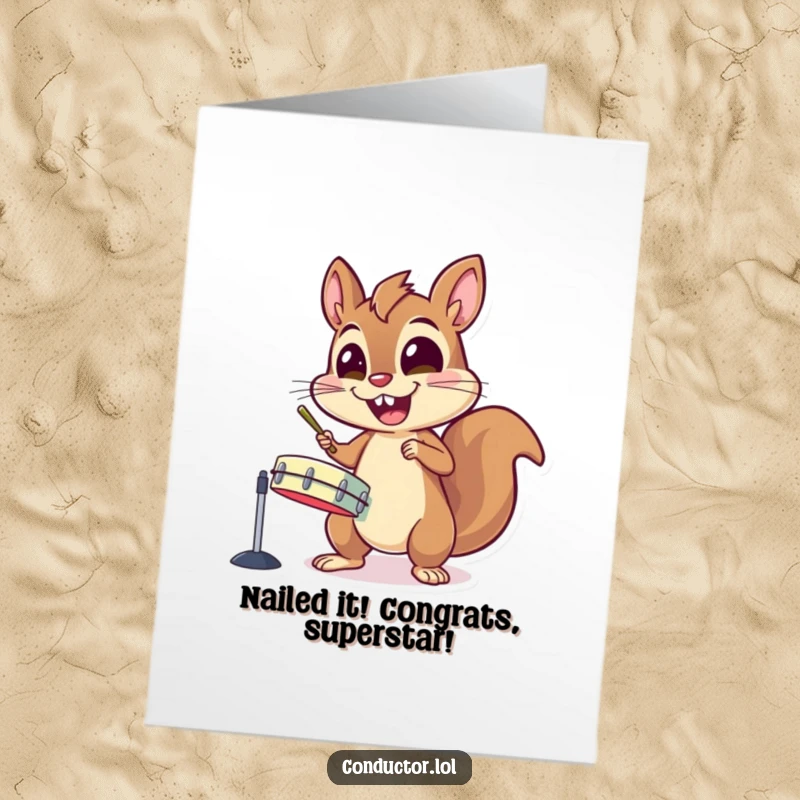 Funny Free Printable Congratulations Card featuring an energetic squirrel character enthusiastically banging cymbals with an amazed expression.