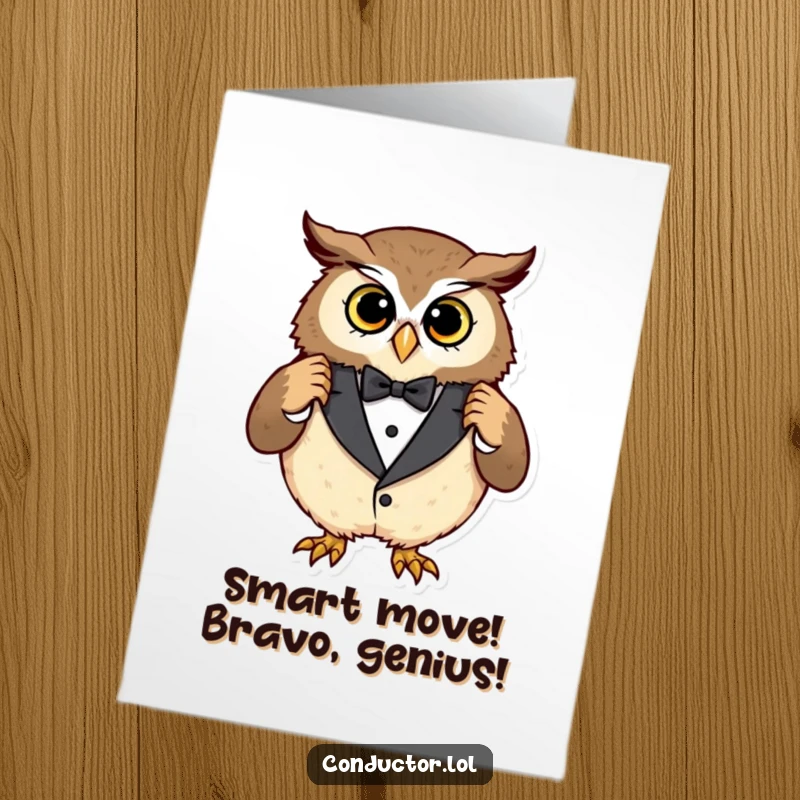 Funny Free Printable Congrats Card: A curious owl smoothing its oversized tuxedo with a pleased look, celebrating an achievement.