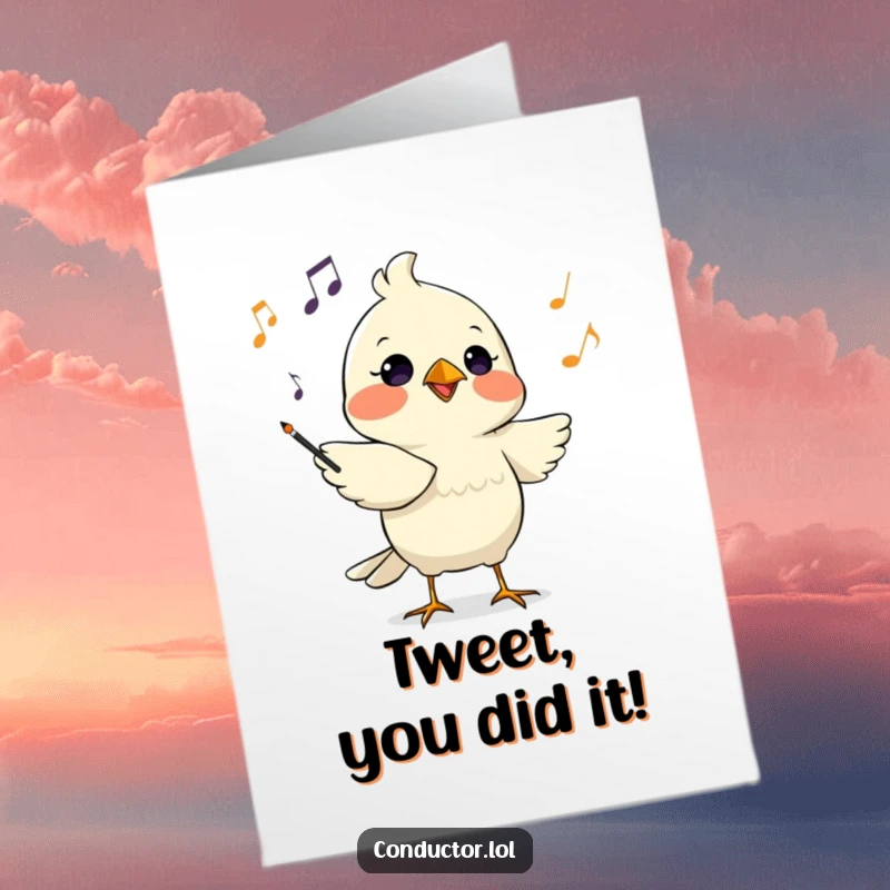 Funny Free Printable Congrats Card: Determined bird conductor chirping cues, celebrating success with humor.