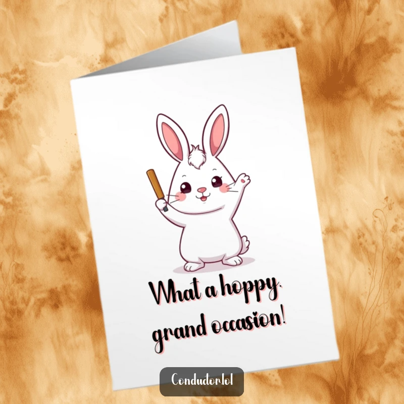 Funny Free Printable Congratulations Card: A rabbit conductor with a stern but kind look raising its baton for a great achievement.
