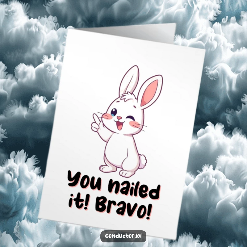 Funny Free Printable Congratulations Card: Joyful bunny conductor hitting musical crescendo, celebrating success, downloadable art.