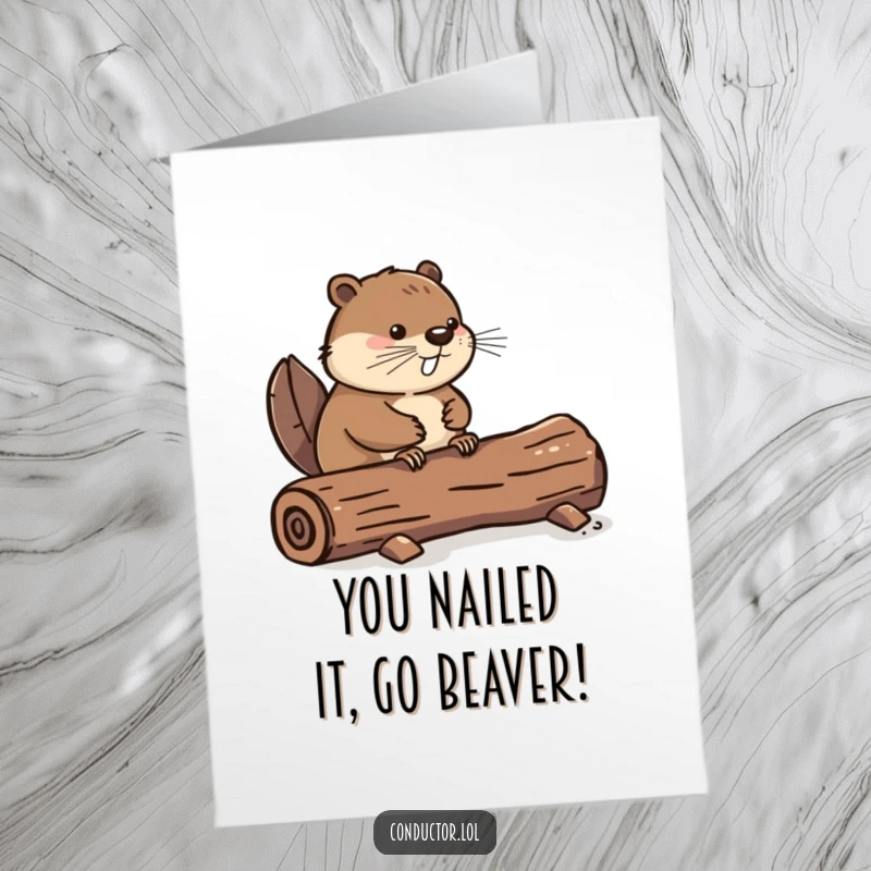 Funny Free Printable Congratulations Card: A focused beaver taps its tail on a log, setting a celebratory rhythm.