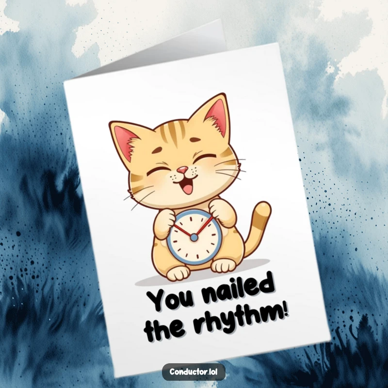 Funny Free Printable Congrats Card: A giggling cat focuses on a metronome, celebrating your perfectly timed success.