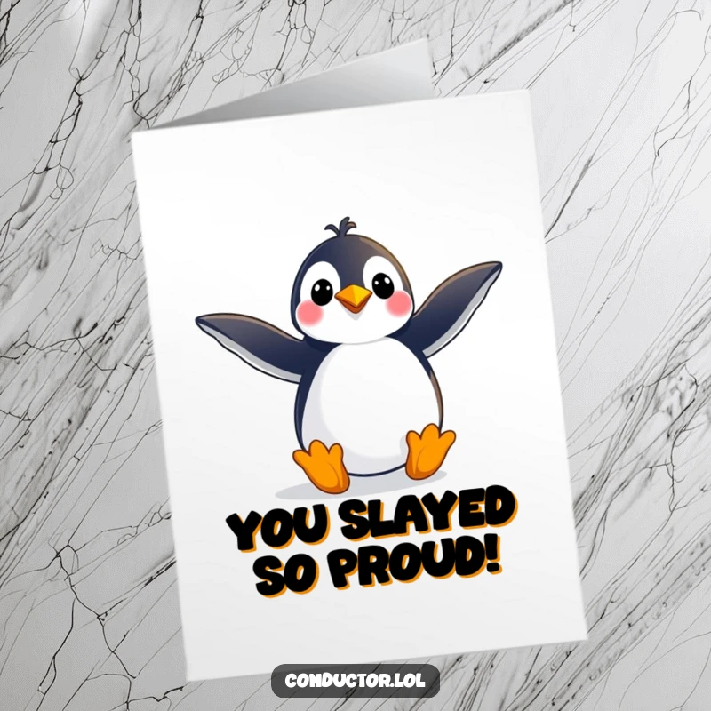 Funny Free Printable Congratulations Card: A joyous penguin strikes a dramatic pose with arms wide open, celebrating success.