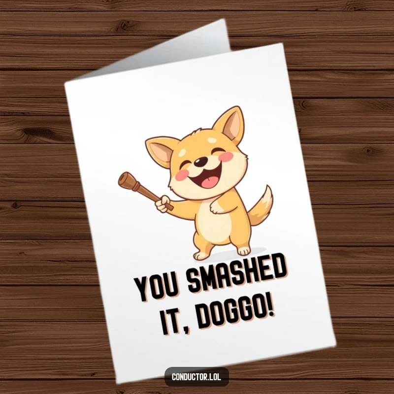 Funny Free Printable Congratulations Card: A delighted dog enthusiastically swings a baton, a perfect symbol of success and celebration.