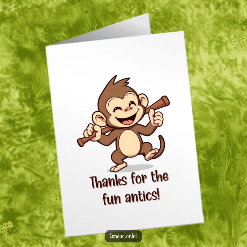 Funny Free Printable thank you card of a mischievous monkey with a grin, swinging a baton cheerfully.