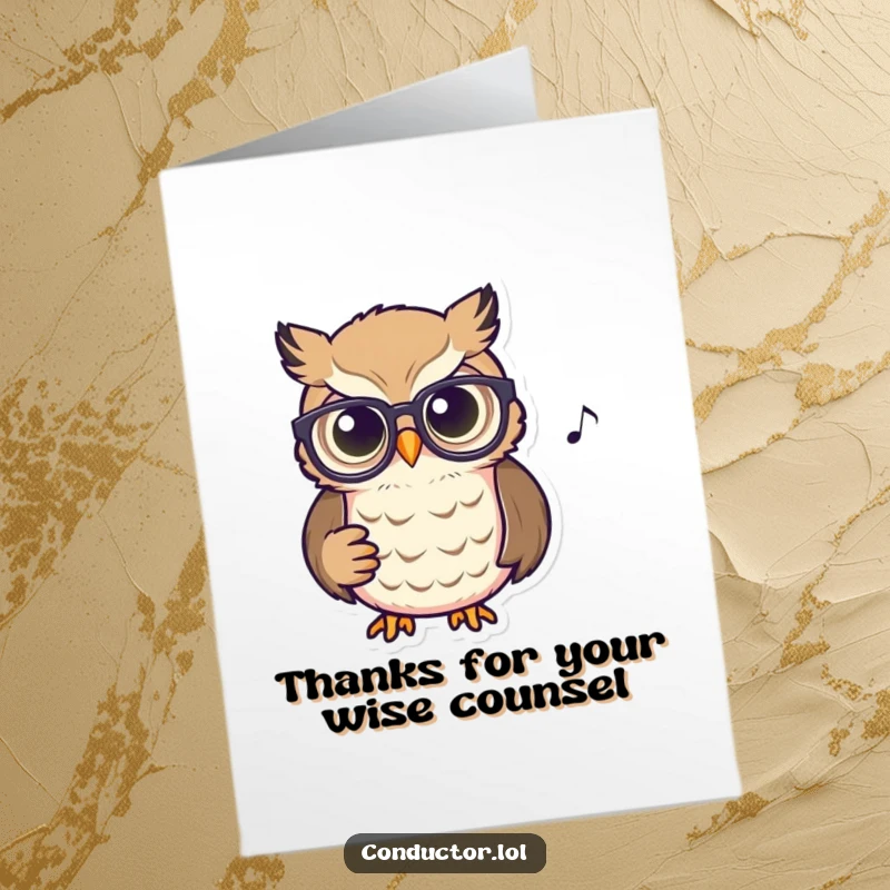 Funny Free Printable Thank You Card: Focused owl with spectacles, glowing eyes on score, expressing gratitude.