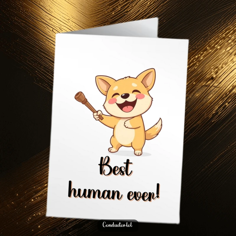 Funny Free Printable Thank You Card: A grinning dog conductor enthusiastically swings a baton, expressing profound gratitude with flair.