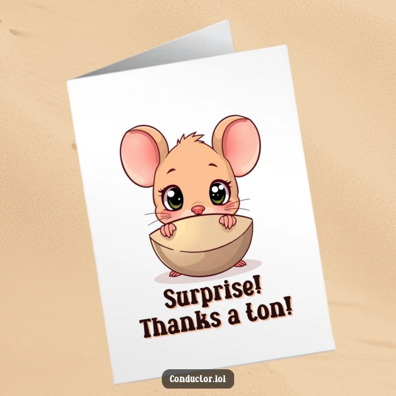 Funny Free Printable Thank You Card: Surprised cartoon mouse peeking from behind a cymbal, eyes wide with astonishment and gratitude.