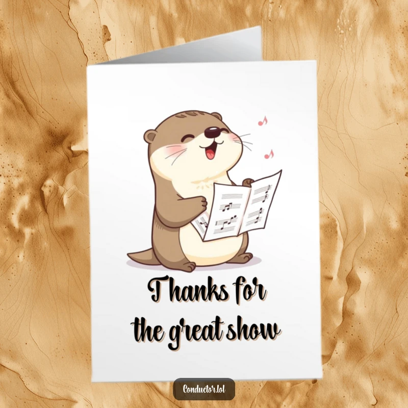 Funny Free Printable Thank You Card: A happy otter clutches sheet music and sings a powerful crescendo to express thanks.