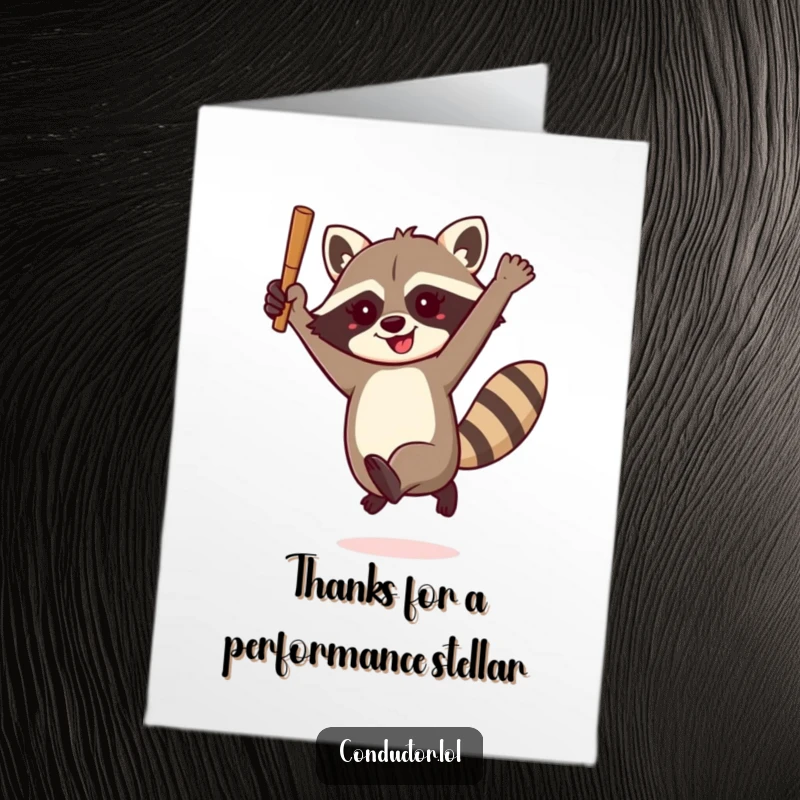 Funny Free Printable thank you card with a raccoon leaping energetically, baton in hand.