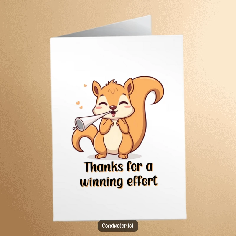 Funny Free Printable thank you card with a squirrel blowing an invisible whistle to express gratitude.