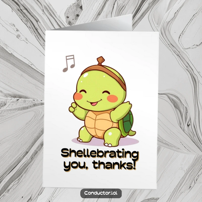 Funny Free Printable Thank You Card: Joyful turtle conductor smiling, slowly guiding tempo, expressing thanks with humor.