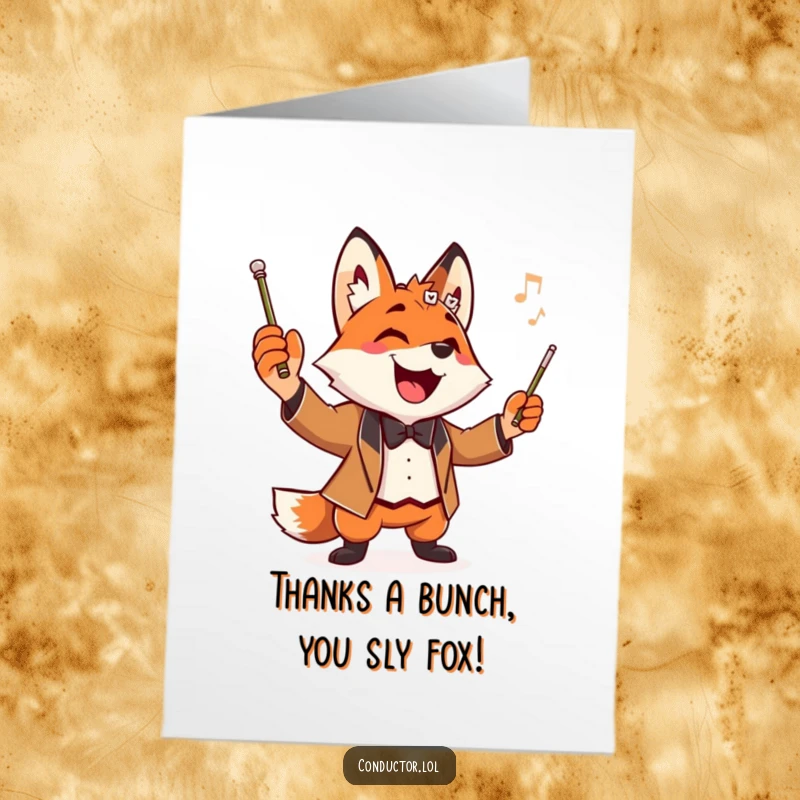 Funny Free Printable Fox Conductor Thank You Card: Playful fox conductor striking a dramatic pose, baton high, with a wide, grateful grin.
