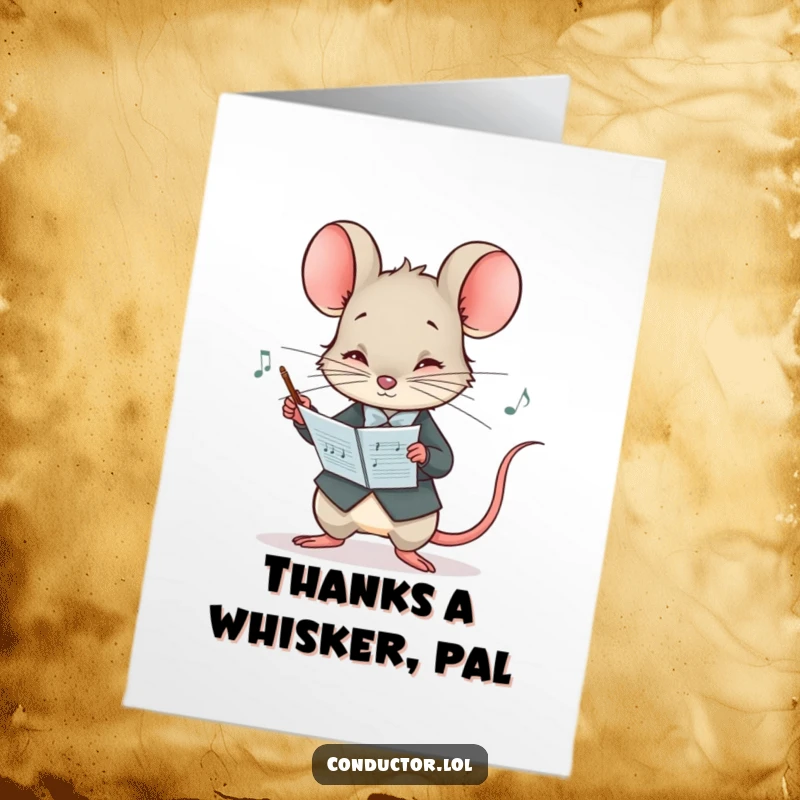 Funny Free Printable Thank You Card: Curious mouse conductor studying a musical score, expressing thanks with humor.