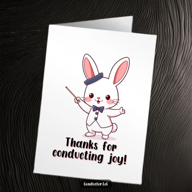 Funny Free Printable Thank You Card: Cute bunny conductor wearing a top hat waves a baton, expressing thanks joyfully.