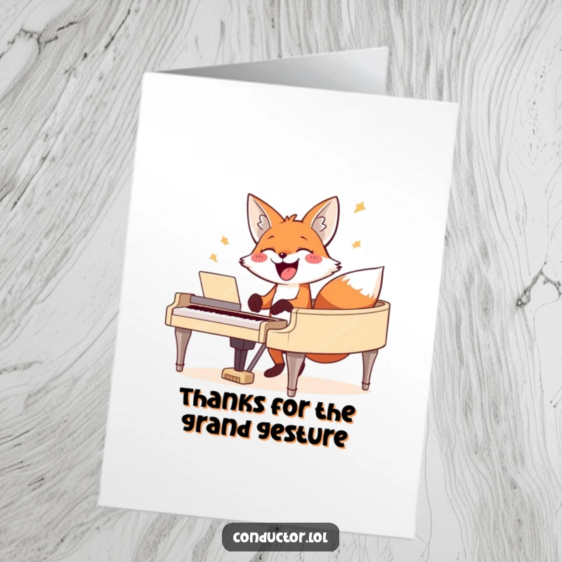 Funny Free Printable Thank You Card: A joyful fox grinning, playing a grand piano with a powerful chord.