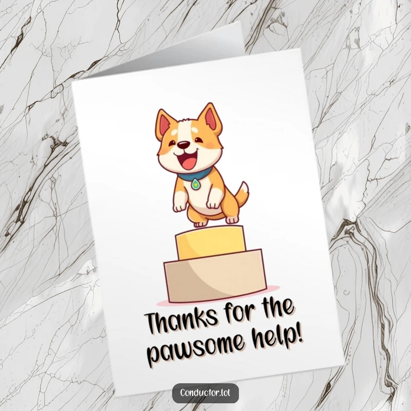Funny Free Printable Thank You Card: A determined dog leaping onto a podium with a proud bark.