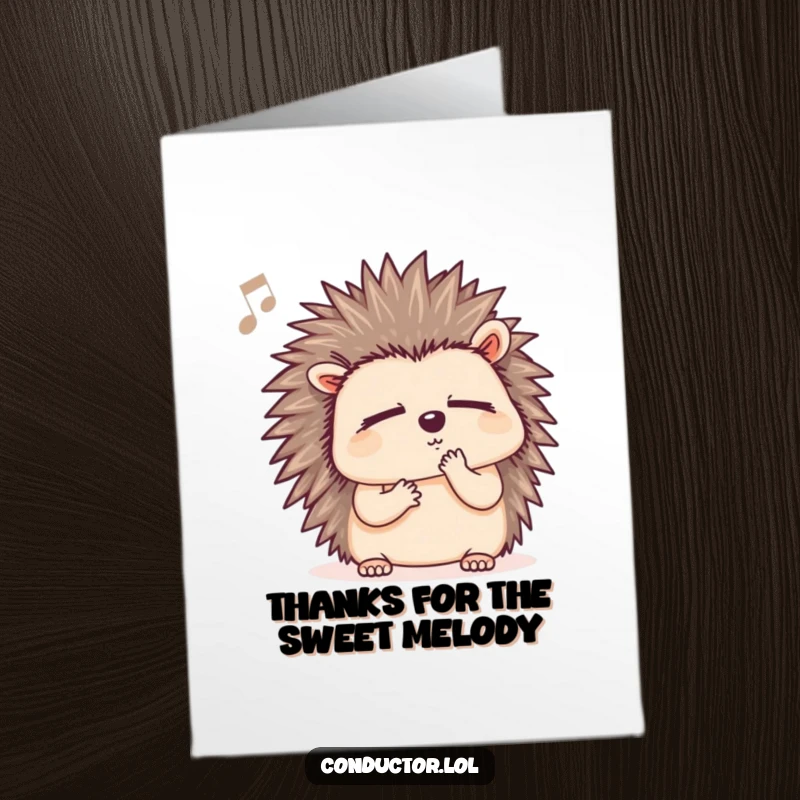 Funny Free Printable Thank You Card: Hedgehog with closed eyes, humming thoughtfully, expressing sincere gratitude.