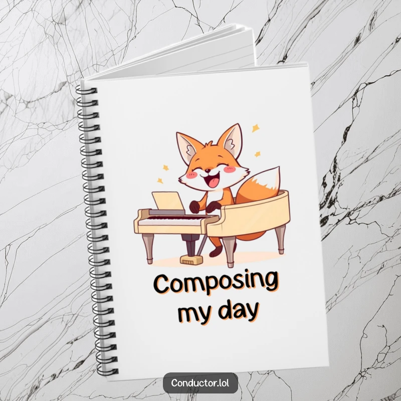 Funny fox notebook, with a joyful fox playing the piano, perfect for writing musical compositions.
