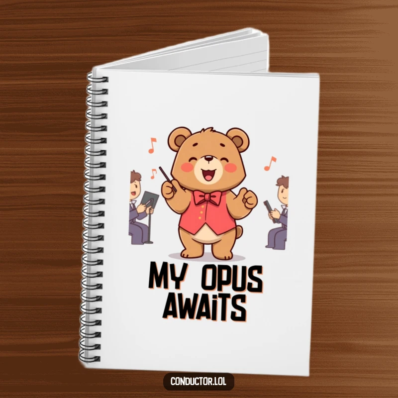 Funny Bear Conductor Notebook featuring a smiling bear leading an orchestra, ideal for writing down musical ideas and daily notes.