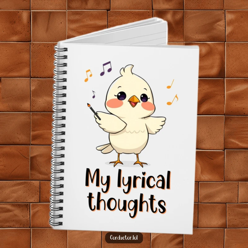 Funny notebook with a determined bird conductor chirping musical cues with focused intensity, perfect for musical notation.