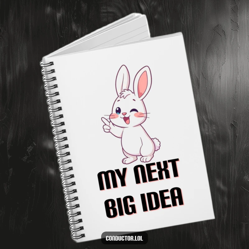 Funny bunny conductor notebook, energetically pointing to a musical crescendo, perfect for jotting down notes with musical humor.