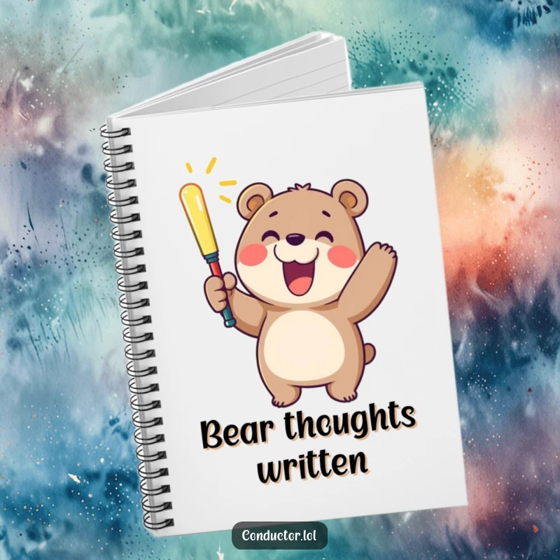 Funny notebook with a cheerful bear waving a glowing baton, encouraging bright ideas and positive note-taking.