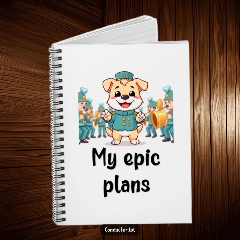 Funny notebook featuring a smiling dog as a proud band director, perfect for jotting down musical ideas.