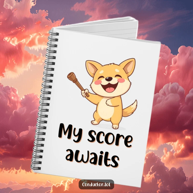 Funny dog notebook with a delighted dog enthusiastically swinging a baton, captured mid-conduct with a wide grin.