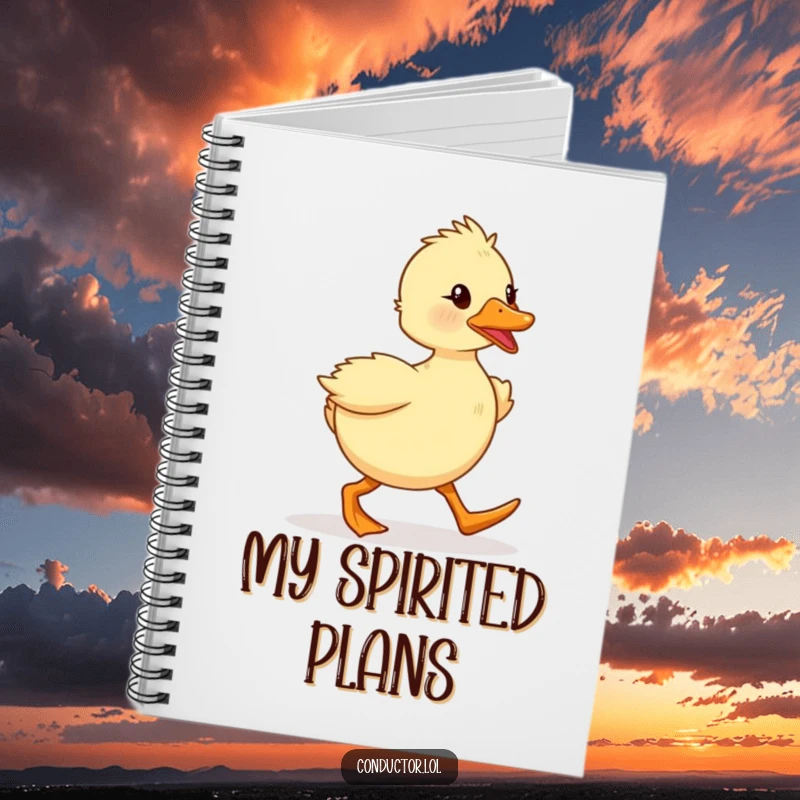 Funny, determined duckling marching with spirited enthusiasm, on the cover of a notebook. Great for planners and writers.