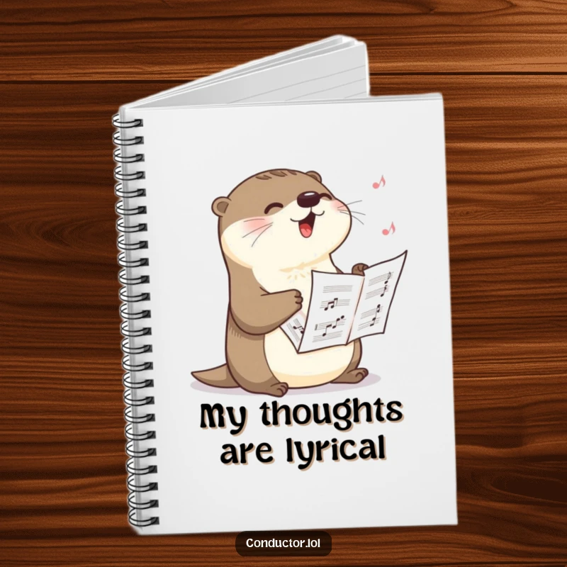 Funny notebook featuring a happy otter singing a dramatic crescendo, holding sheet music, perfect for jotting down dramatic notes, a useful funny gift.
