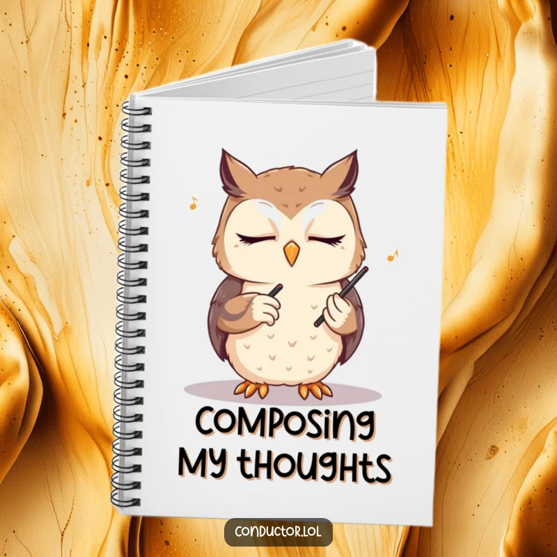 Funny owl conductor notebook, eyes closed, conducting an unseen orchestra, designed for capturing musical inspirations and daily thoughts with wise humor.